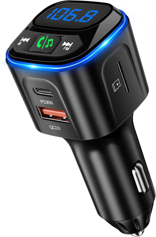 Bluetooth 5.3 FM Transmitter Car Adapter [PD36W & QC18W] [Fast Charging] Wireless Radio Adapter HiFi Bass Sound Hands-Free Calling LED Display with Light Switch Support Bluetooth/U Disk/TF Card