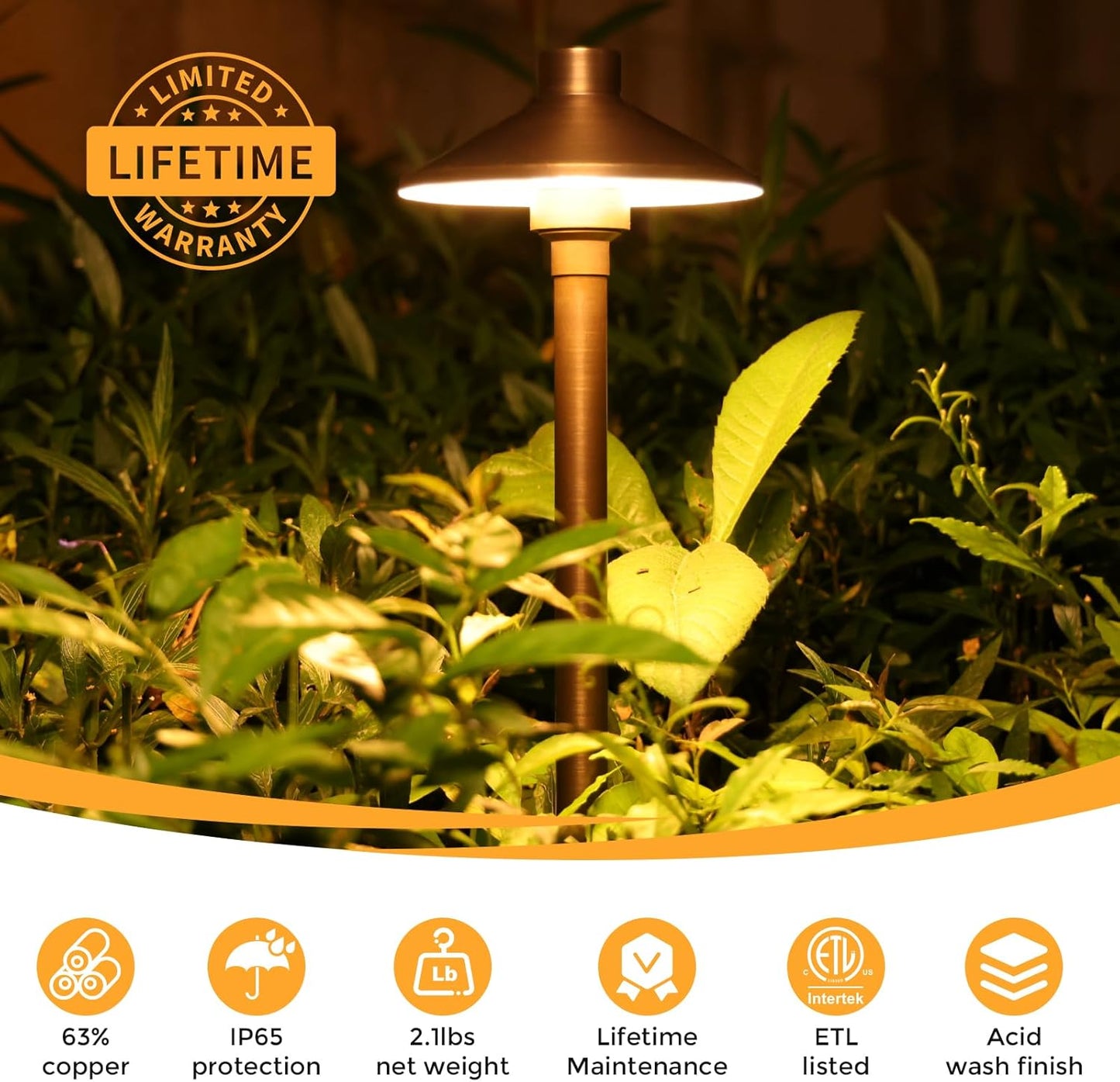 Gardencoin Solid Brass Low Voltage Pathway Lights (6.7'' Shade, 21.9'' Tall), 12V AC/DC Heavy Duty LED Landscape Path Lights Outdoor Wired, Antique Bronze Walkway Lights with Larger Stake, 6-Pack