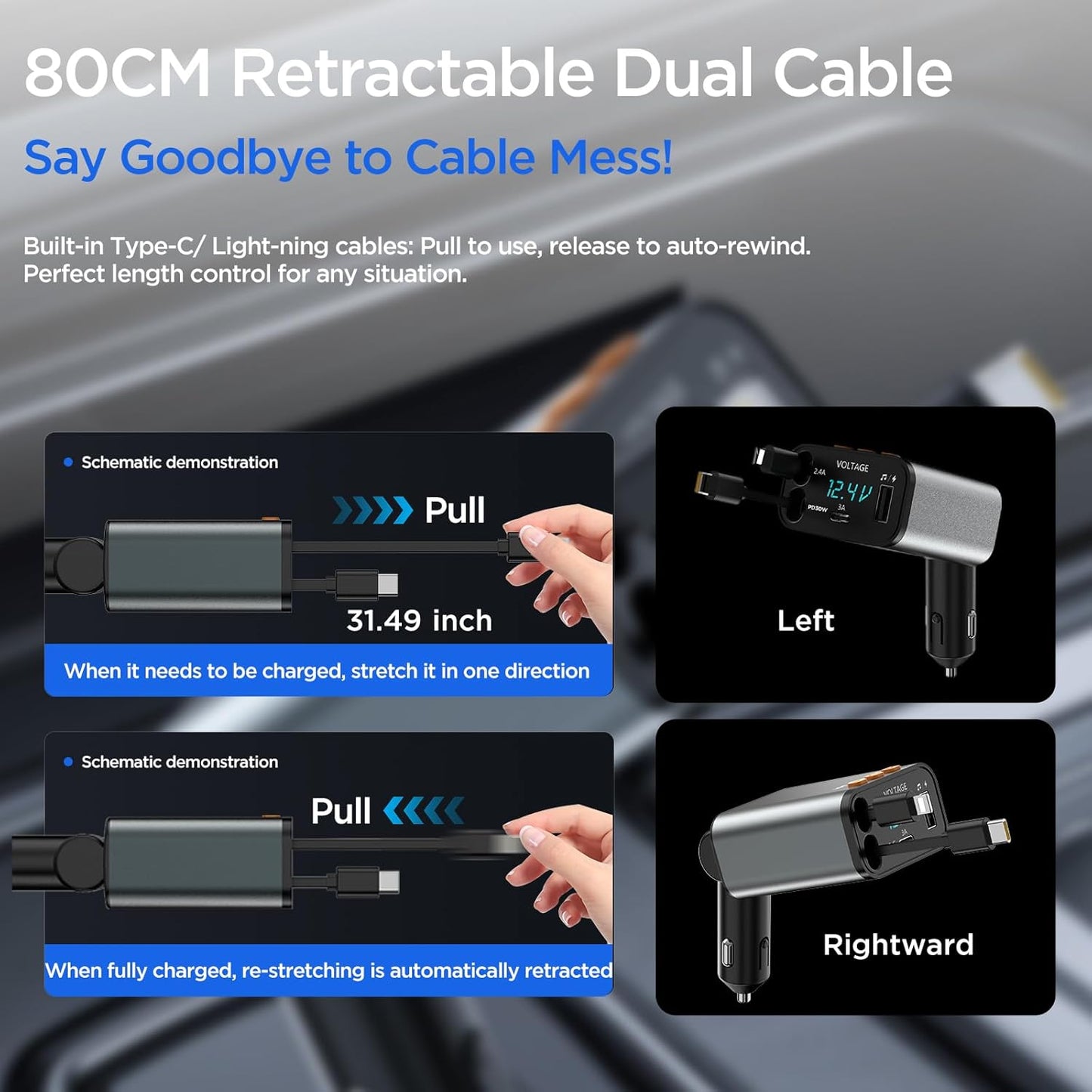 Bluetooth Car Adapter,5 in 1 Retractable Car Phone Charger with Bluetooth 5.3 FM Transmitter,Handsfree Call and MP3 Player,2 Retractable Cables and USB PD Charging Adapter for Cars Phone,Galaxy,Pixel