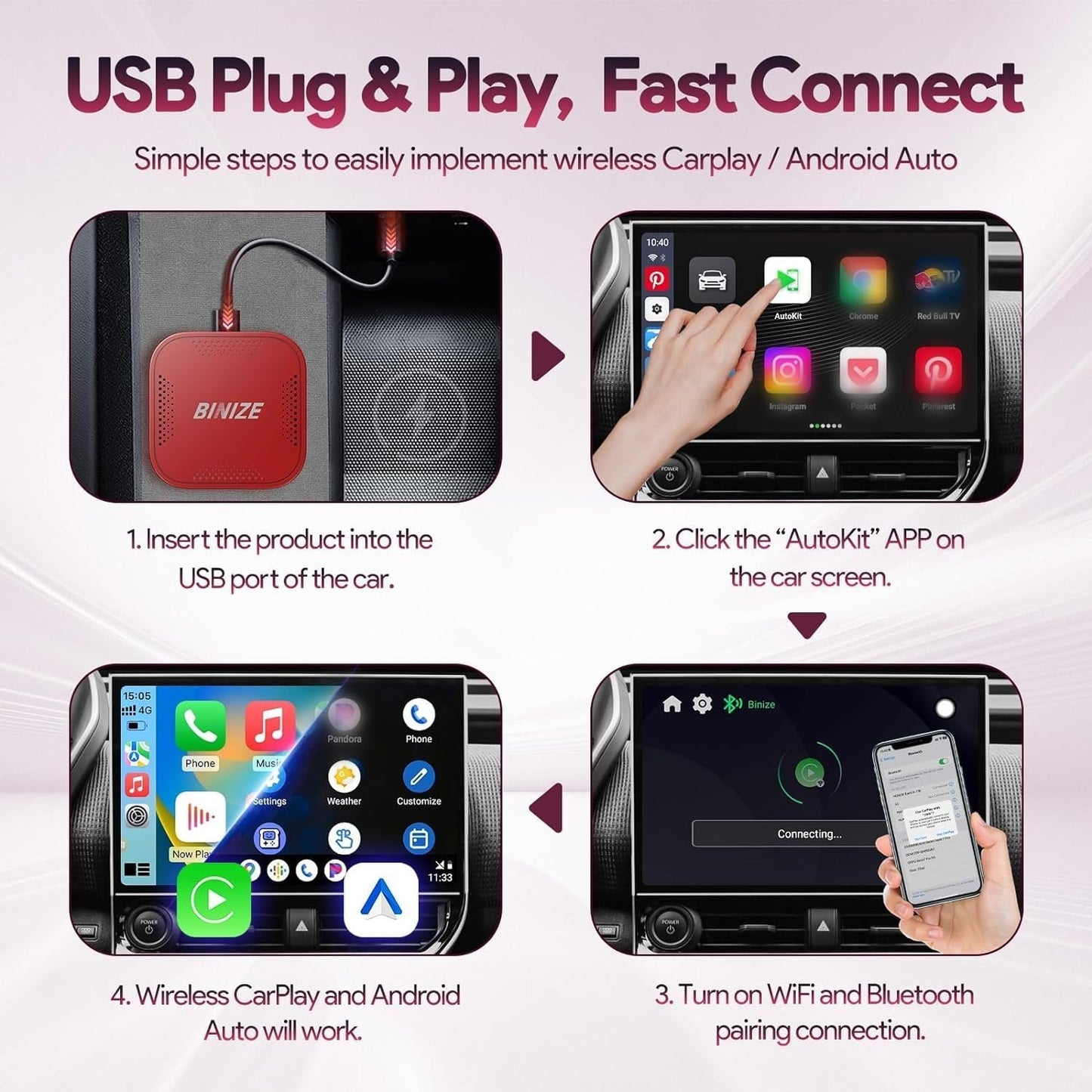 Binize Wireless CarPlay Android AUTO Multimedia Video Box 4G Cellular,4GB+64GB,8Core,Android 13 Built-in Navigation Support SIM&TF Card Bluetooth Support Car with OEM Wired CarPlay