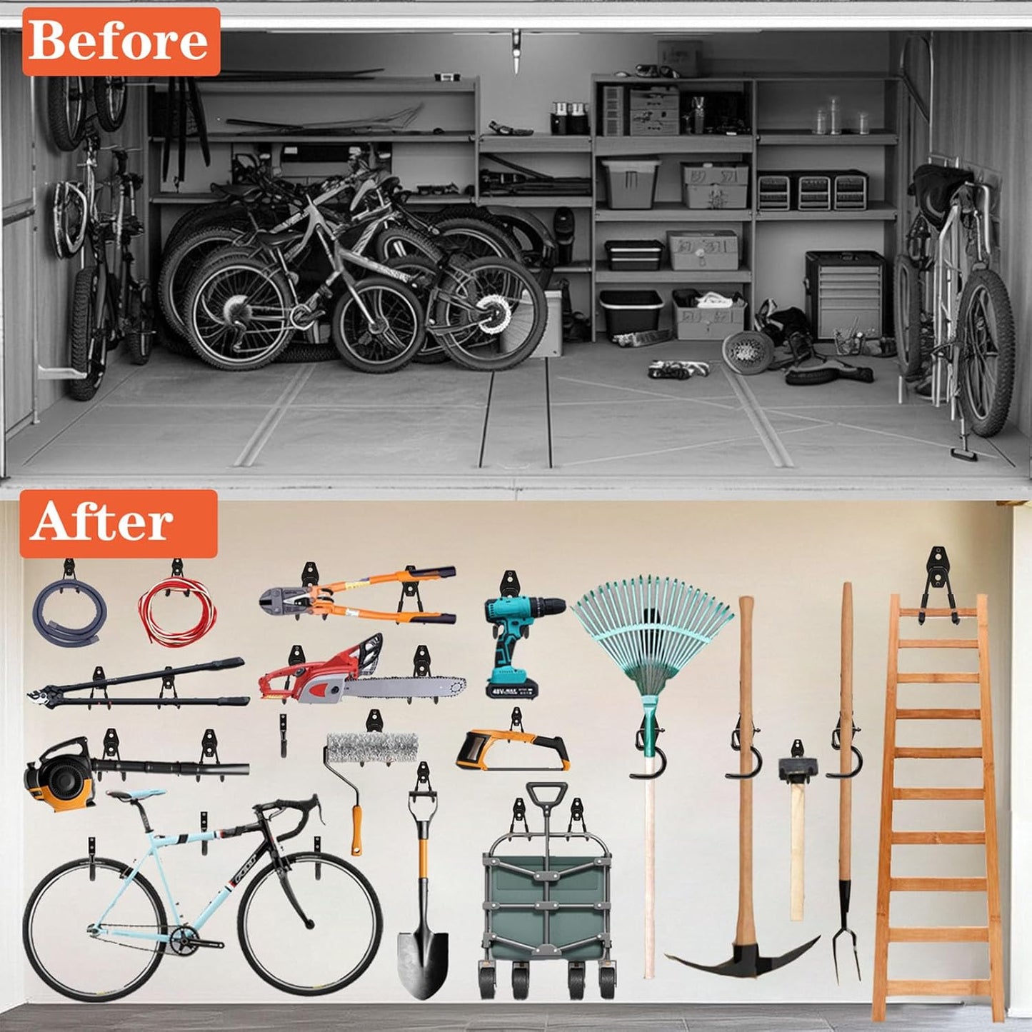 TocTen Garage Hooks, 14 Pack Garage Storage Hook Heavy Duty Solid Steel Wall Hooks, Wall Mount Storage Hook Kit with Anti-Slip Coating Ladder Hooks for Hanging Garden Tools Chair Hose Ropes (Black)