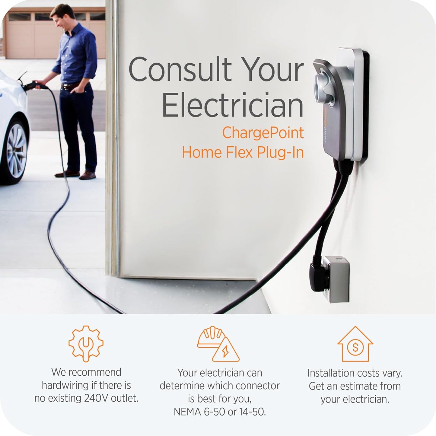 ChargePoint HomeFlex Level 2 EV Charger J1772, NEMA 6-50 Plug for Electric Car - Fast Smart Battery Power Charging at Home for Electric Automobile Vehicles