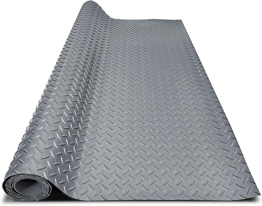 4x10FT Garage Floor Mat, 2.8mm Thickened Flooring Roll for Under Car, Golf Cart Parking Mat, Diamond Plate PVC Rubber Motorcycle Mat, Non-Slip Floor Protector for Garage Warehouse Trailer, Grey