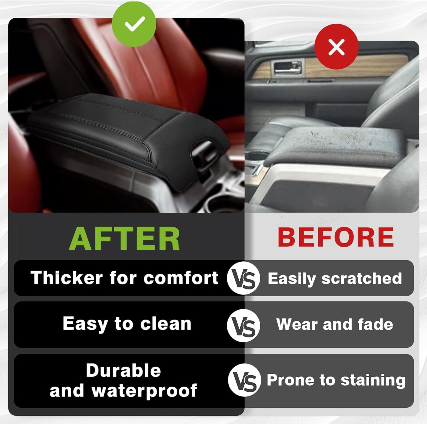 Muslogy Center Console Armrest Cover Compatible with Ford F-150 F150 2009-2014 Comfort Armrest Pad Arm Rest Cushion Vegan Leather Protector 1-Inch Extra Thick(Bucket Seat ONLY)