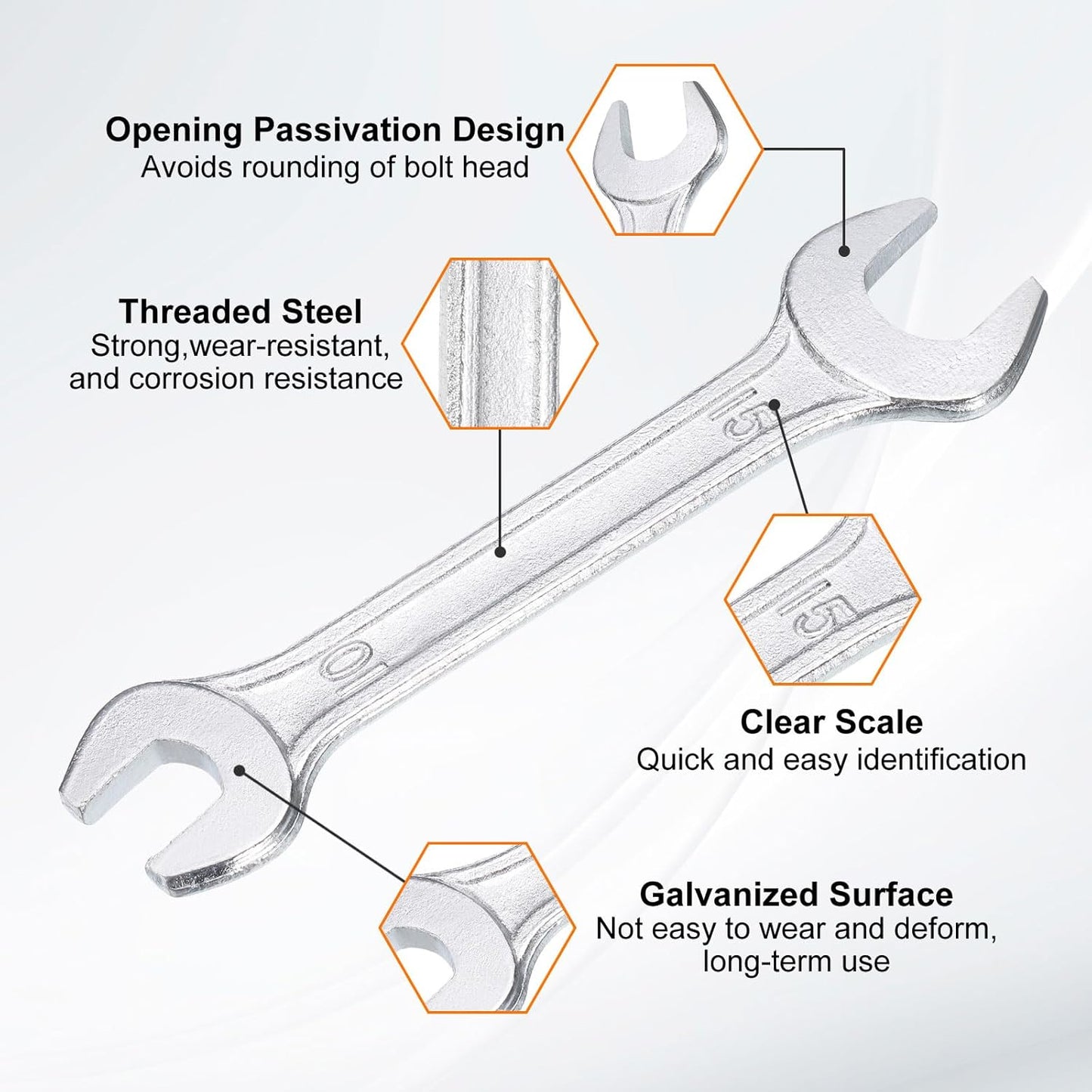 HARFINGTON 5pcs Double Open End Wrench 10mm x 15mm Metric 15 Degree Offset Angle Small Flat Head Wrench Galvanizing Open Ended Spanner for Automotive Repair Furniture Assembly