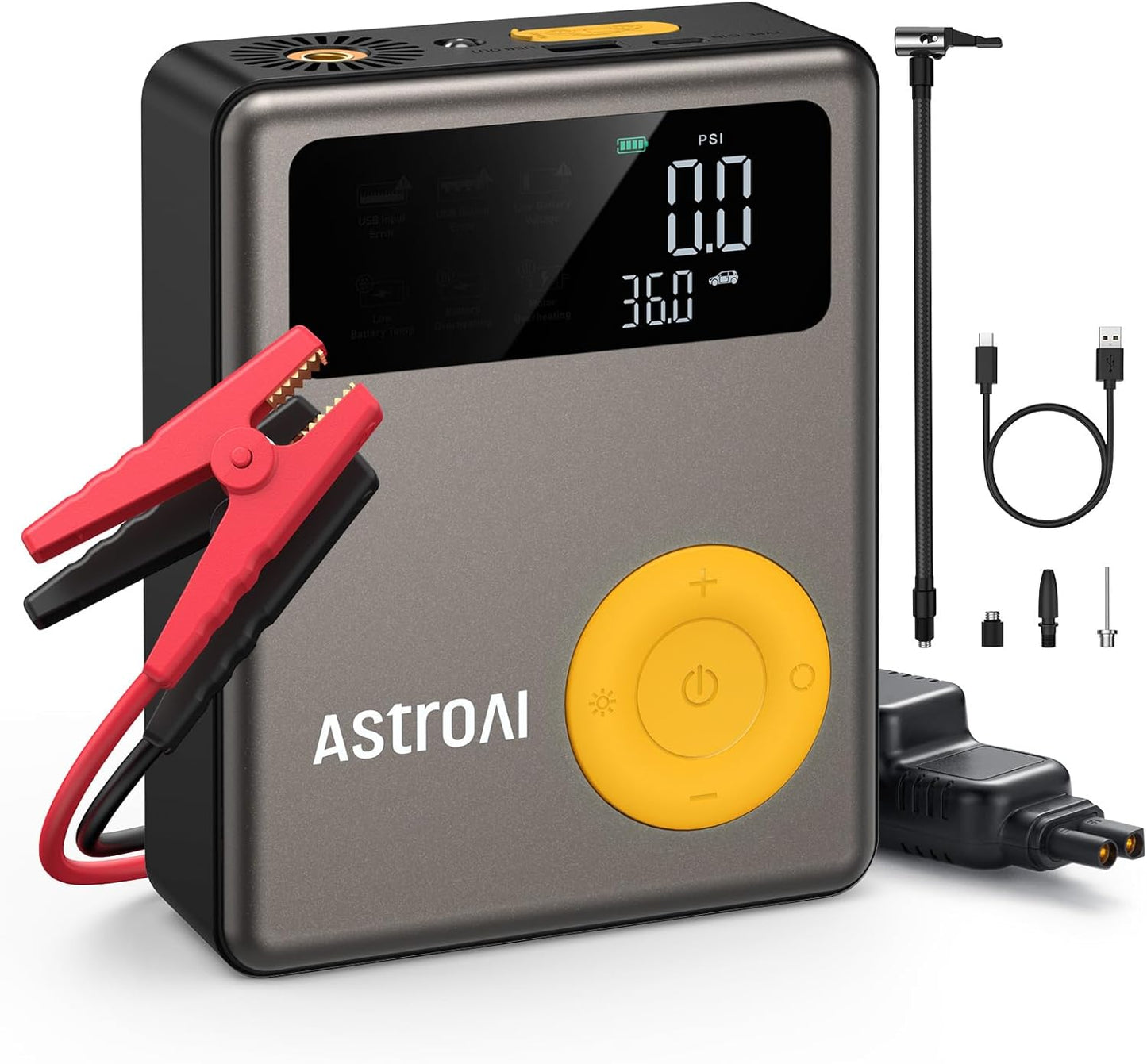 AstroAI Portable Car Jump Starter with Air Compressor, 150PSI 1750A Car Jumper Starter Battery Pack with Cordless Tire Inflator (7.5 Gas/5.0L Diesel), 12V Jump Box, Large LCD Display, Lights(Yellow)