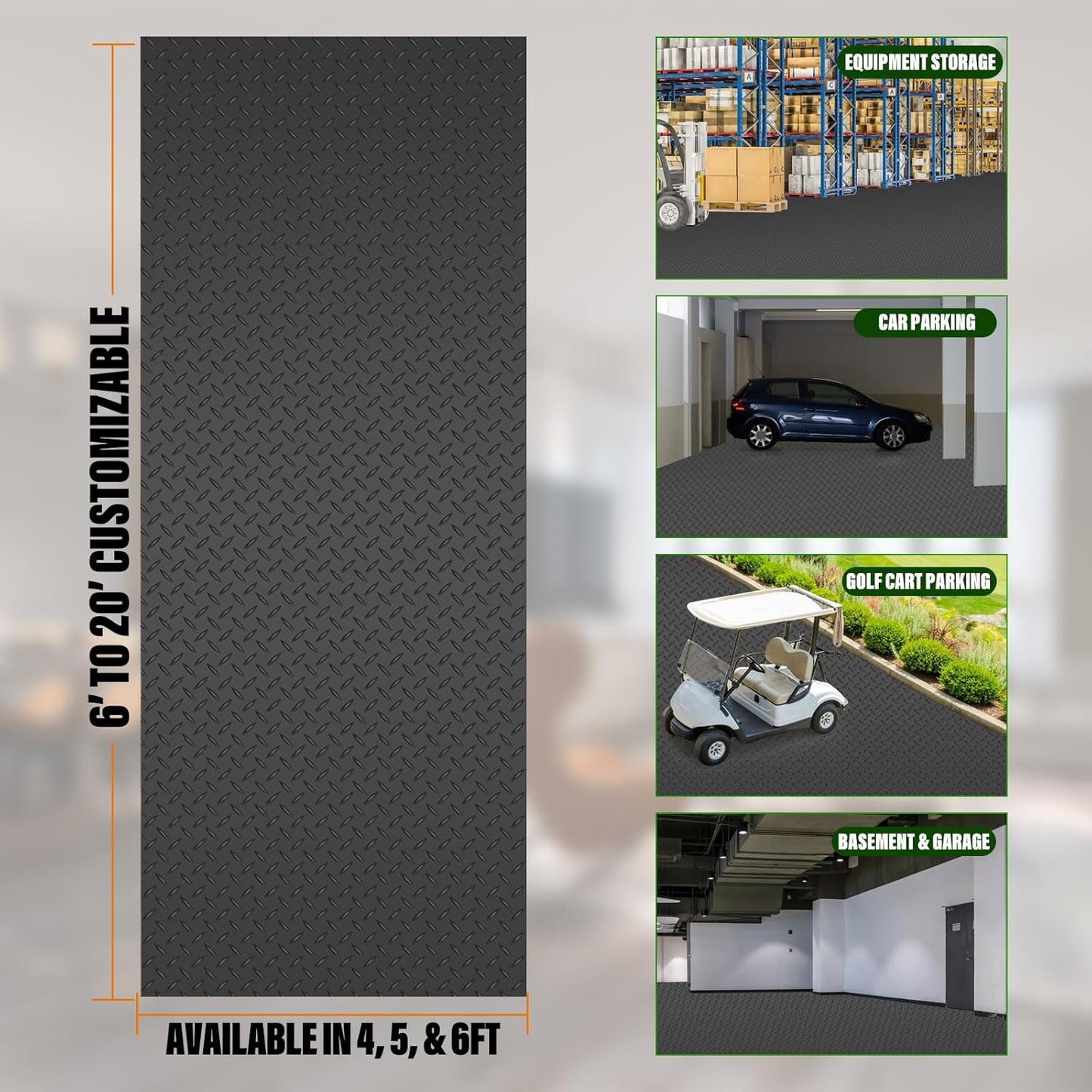 SEAL 5 x 8 Ft Premium Garage Floor Mat, Solid 2.8mm Thickened Black Commercial Grade Heavy Duty Parking Mat for Garage Floor, Golf Cart, Water/Stain Resistant Floor Runner (Embossed Diamond Plate)