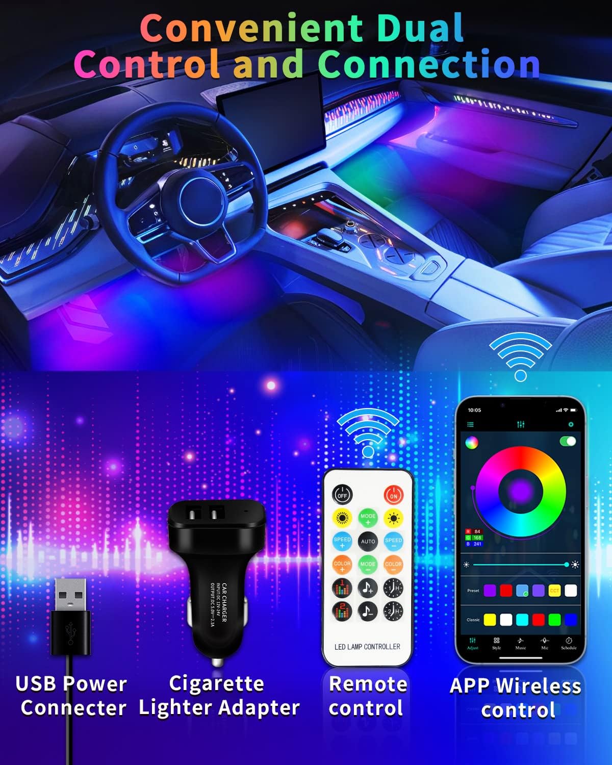 YM E-Bright RGB LED Strip Lights for Car App Control with Remote Led Lights car Interior with Charger Music Sync Under Dash Footwell Neon Lighting Kit w/USB Cable DC 12V