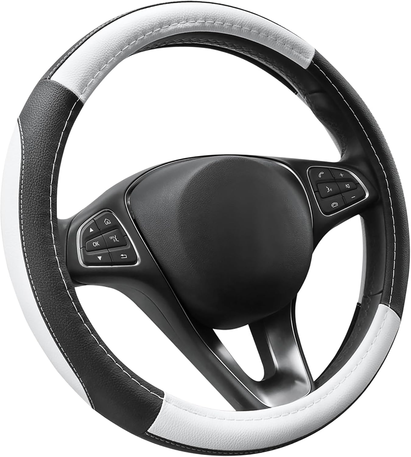 SEG Direct Car Steering Wheel Cover Universal Standard Size 14.5-15 inch, Black and White Microfiber Leather