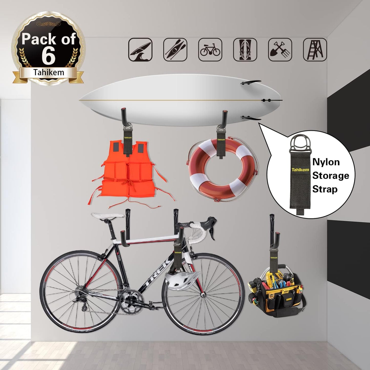 6 Set Garage Hooks - Wall Mounted, Heavy Duty, 7 Inch Large, Extension Cord Hanger, J Hooks for Ladder, Mowers, Cable Bracket - Black