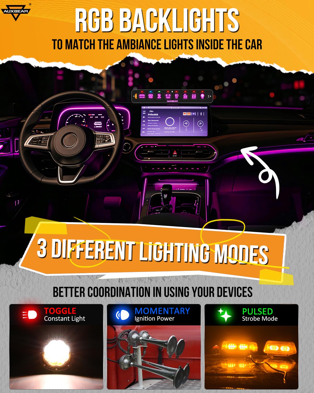 Auxbeam 8 Gang Slim Switch Panel RGB AS-R80 Toggle Momentary Pulsed Dimmable Backlight 80A Multifunction Switch Panel with Memory Function for 12-24V Truck Offroad Car Marine 2 Years Warranty