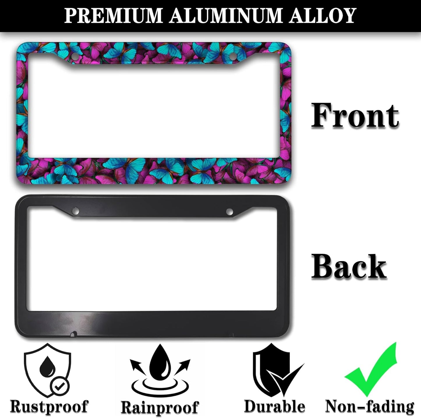 License Plate Frames Multicolor Car Plate Frame for Women Blue Purple Butterfly Women Universal Aluminum Car Accessory 2 Pack with Screw Covers Set