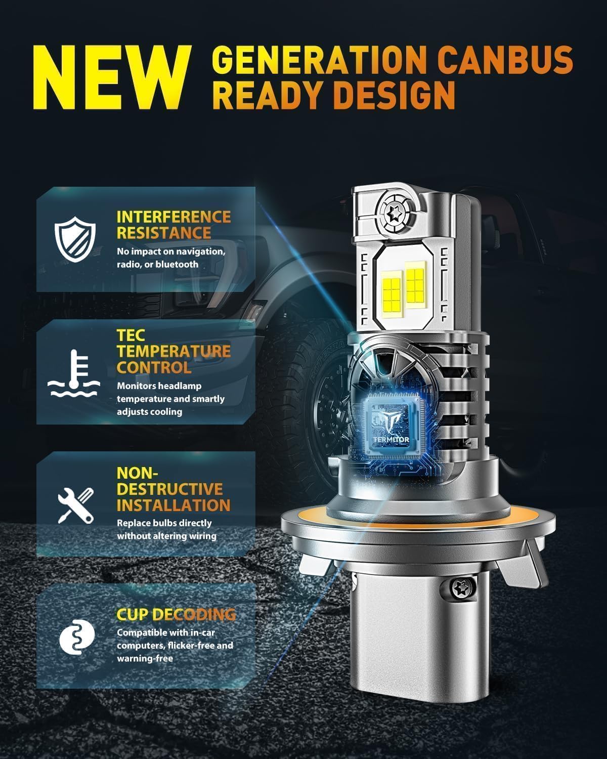 Upgraded H13/9008 Bulbs, 60,000LM 10X Super Brighter, 85000+ Hours Long Service Life, 6500K Cool White, Real 1:1 Halogen Size Fog Lights, Plug N Play, Pack of 2