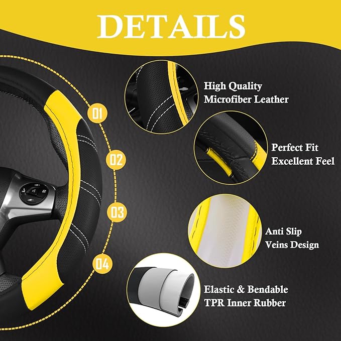 CAR PASS Leather Steering Wheel Cover and Waterproof Car Floor Mats,Microfiber Universal Car Combo Fit for 95% Sedan SUV Van Truck,14.5-15 inch Sporty Anti-Slip Safety Comfortable Design, Black＆Yellow