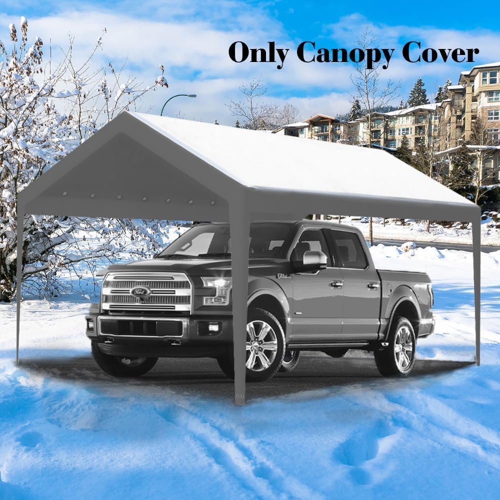 Rutile 10 x 20 FT Carport Replacement Cover - Heavy Duty Car Tarp Canopy Tent Garage Top Shelter With Fabric Leg Pole Skirts and Ball Bungees - Gray (Only Top Cover, Frame Not Included)