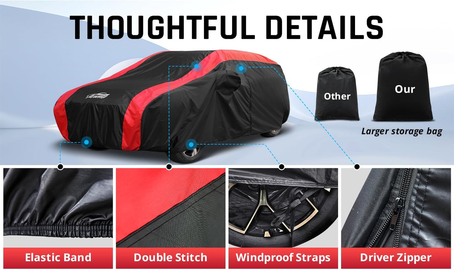 Full Exterior Covers for Waterproof Protection with Red Stripe Design,SUV Car Covers for Automobiles Universal Fit Nissan Kicks, Subaru Crosstrek, Jeep Compass Liberty, Kia Soul Sportage