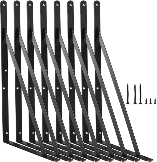 8 Pack L14 x H 10" Black Heavy Duty Shelf Brackets with Screws Metal Shelf Brackets Shelf Support Angle Brackets for Shelves L Brackets Heavy Duty Floating Shelf