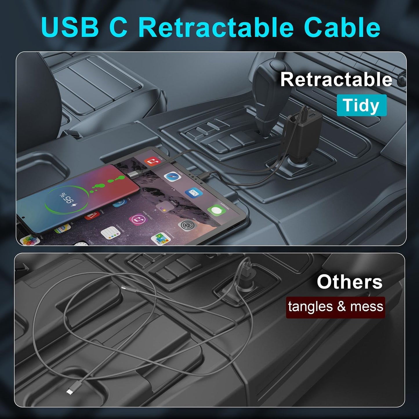 Retractable Car Charger, Total 75W Fast Charger 3 in 1 USB C Car Adapter, Retarctable Type C Cables (30 inch) and 2 USB Ports, Compatible with iPhone 16/15 Series, iPad, Galaxy, Pixel, Laptop and More