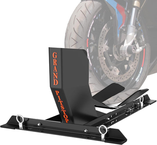 GRAND PITSTOP Universal Wheel Chock for Motorcycle Stand for Trailer Completely Adjustable Detachable Foldable Wheel Chock (Black)