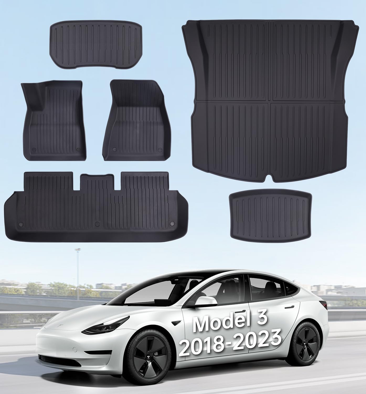 Floor Mats for Model 3 2023-2018 - Full Set All Weather TPE Front, Rear, Cargo & Sub-Trunk Mats, 6-Piece Custom Fit