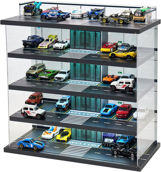 Display Case Compatible with Hot Wheels Garage & Matchbox Cars with LED Light 1/64 Scale Diecast Toy Cars Storage Case 5 Level Holds Max 75 Cars Storage Case for Hot Wheels Garage Gifts for Collector