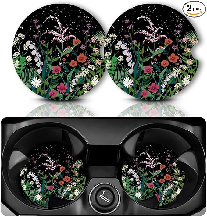 Car Coasters for Cup Holders，2.75" Anti Slip Rubber Mat with A Finger Notch, 2 Pack Car Cup Holder Coasters for Car Interior Accessories for Women Men Flower