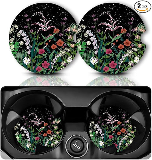 Car Coasters for Cup Holders，2.75" Anti Slip Rubber Mat with A Finger Notch, 2 Pack Car Cup Holder Coasters for Car Interior Accessories for Women Men Flower