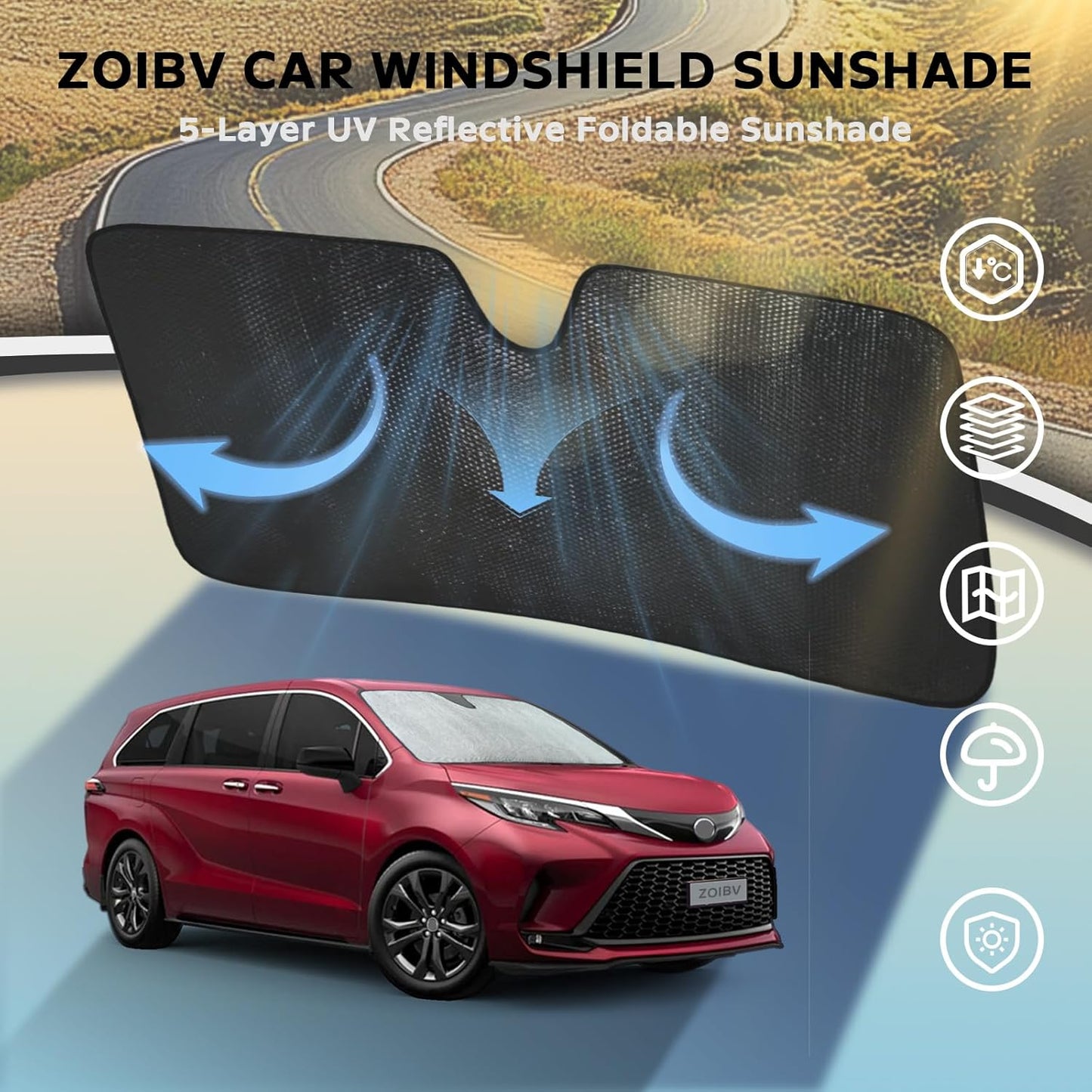 Windshield Sun Shade for 2021-2024 Toyota Sienna L LE SE XLE Limited Van Minivan - 5-Layer Bubble Foldable Front Window Shade Sun Visor Accessories - Blocks Heat & UV Rays