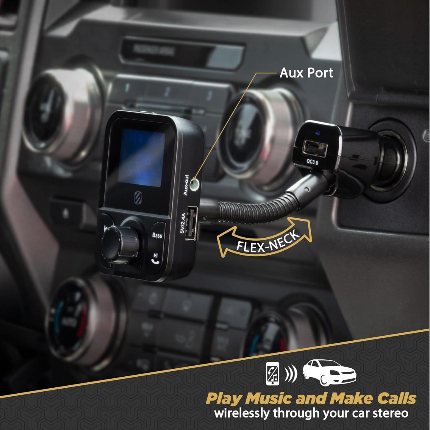 Scosche SBTFM1-XCES0 Bluetooth 5.0 FM Transmitter w/ Dual USB Charger Ports, LCD Screen, Adjustable Neck & Aux Port, Wireless Radio Bluetooth Adapter, Hands-Free Car Kit for Phone Calls & Music Player