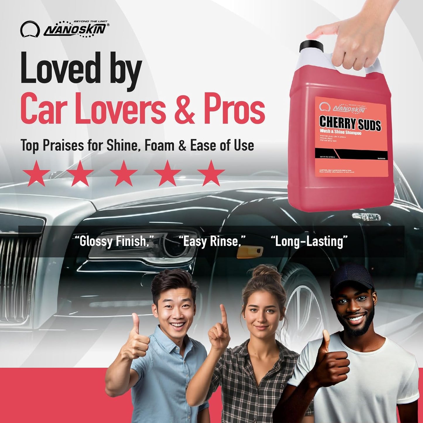 Nanoskin CHERRY SUDS Foaming Car Wash Shampoo 1 Gallon - Works with Foam Cannon, Foam Gun, Bucket Washes, Car Soap for Pressure Washer | Safe for Cars Trucks, Motorcycles, RVs & More | Cherry Scented