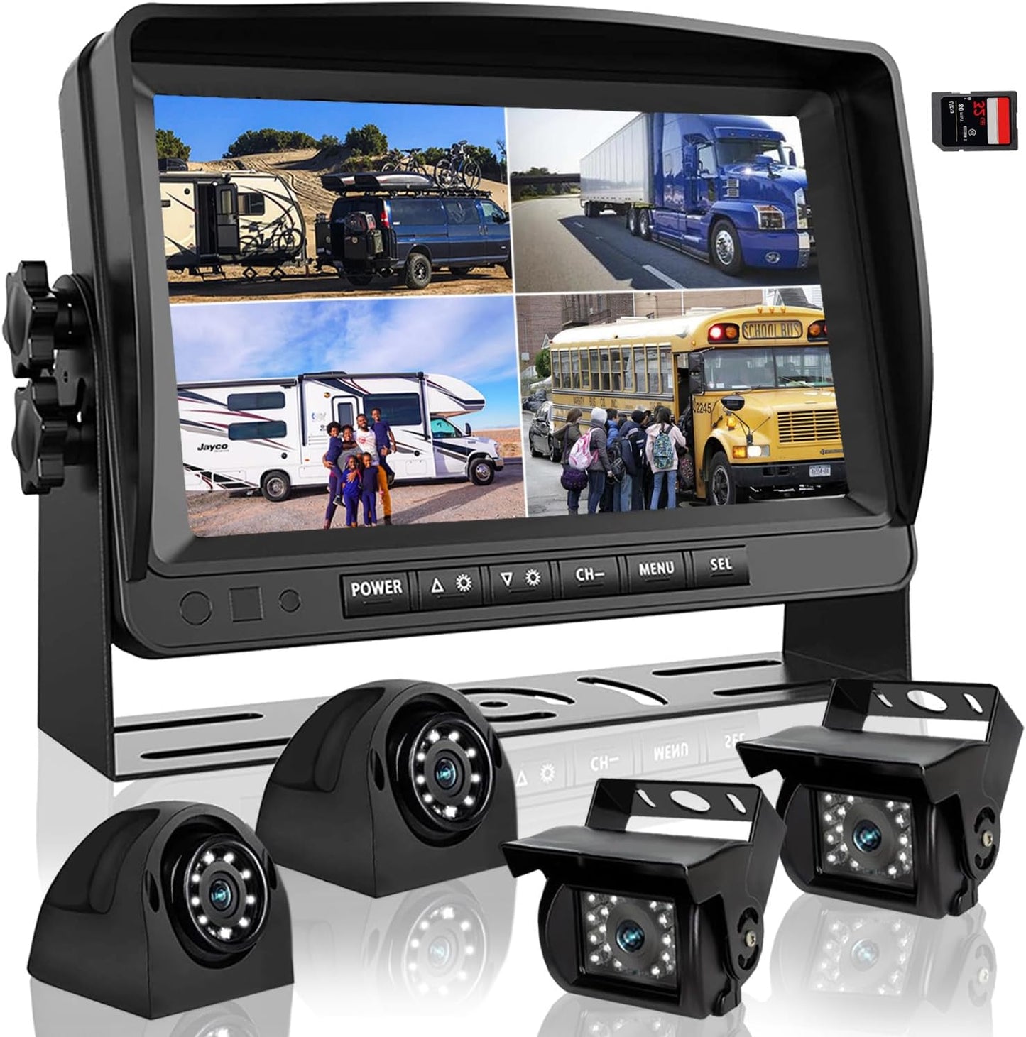 Backup Camera System with 9'' Quad Split 1080P Monitor for RV Trailer Semi Truck Camper Bus & 4 AHD Rear Side View Camera with DVR Record Function Night Vision IP69 Waterproof Avoid Blind Spot DOUXURY