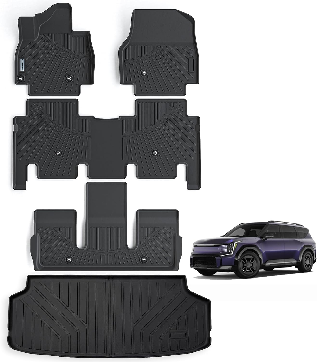 Floor Mats & Trunk Mat for KIA EV9 2024 2025 2026 6-Seats Version-2 Row Bucket Seats（Not Fit for 7-Seats）, TPE All Weather Protection 3 Rows Full Set Car Floor Liners with Cargo Line