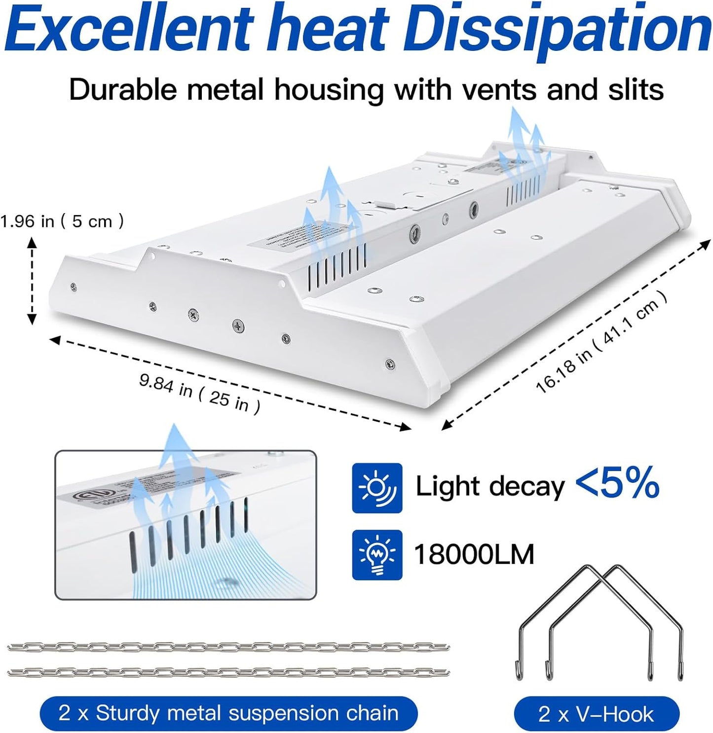 JTT LED Linear High Bay Light, 5000K Daylight 150W 21000LM Shop Light Commercial 360° Adjustable Tilt Hanging LED High Bay Shop Lighting Fixtures for Garage Warehouse Workshop Store, ETL 2-Pack