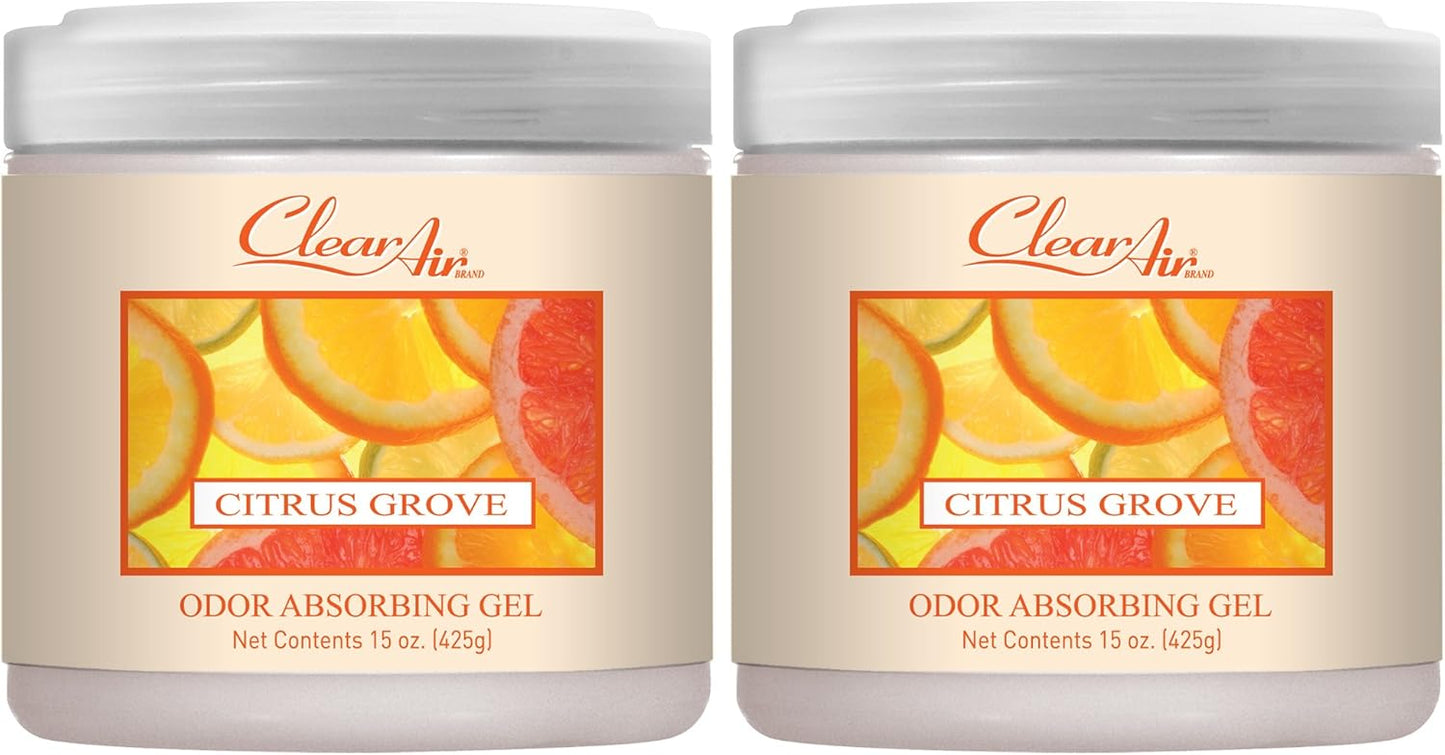 Clear Air Odor Absorber Gel - 15 oz, Pack of 2 - Air Freshener Absorbs and Eliminates Odors in Bathrooms, Cars, Boats, RVs and Pet Areas - Made with Essential Oils - Citrus Grove Scent