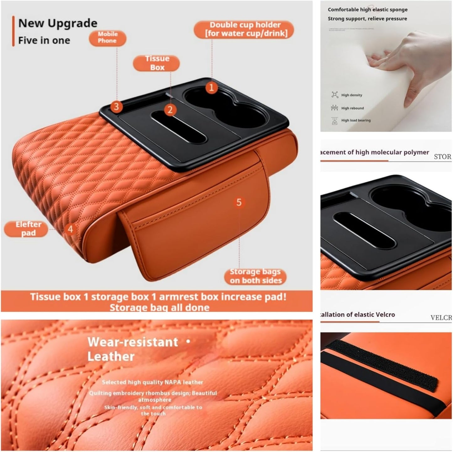 Center Console Cover Organizer, 5-in-1 Arm Rest Cover for Car with Cup Holder & Storage Pocket & Tissue Holder, Armrest Cover Cushion Pad, Water Ripples, Grey