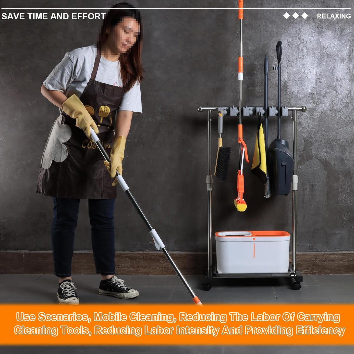 Stainless Steel Mop and Broom Holder with Wheels - Keep Your Cleaning Tools Organized! (S)