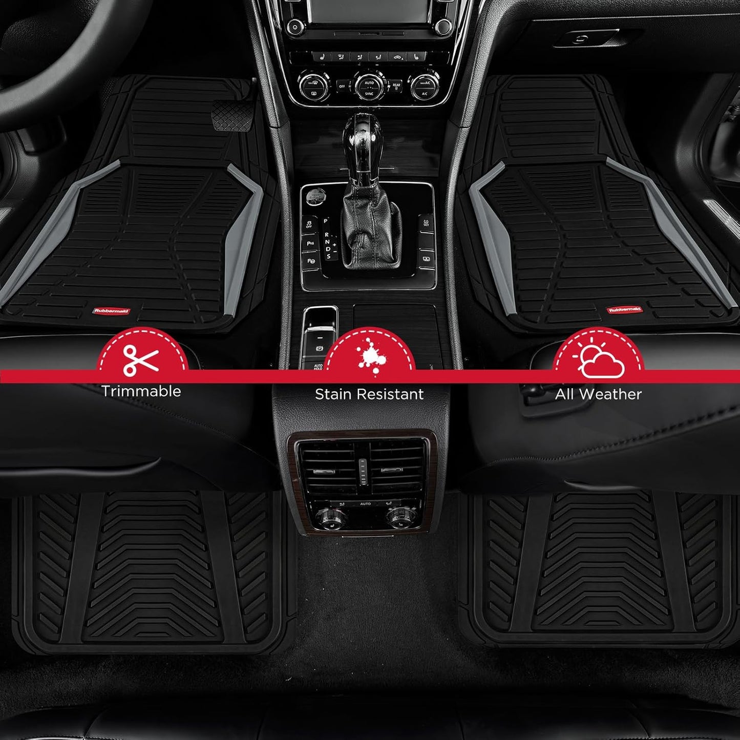 Rubbermaid Car Mat Full Set All-Weather Heavy-Duty 4 Pieces– Trim-to-Fit Universal Car Mats Full Set – Waterproof Rubber Floor Liners for Most Trucks, SUVs, Vans, and Sedans-Gray