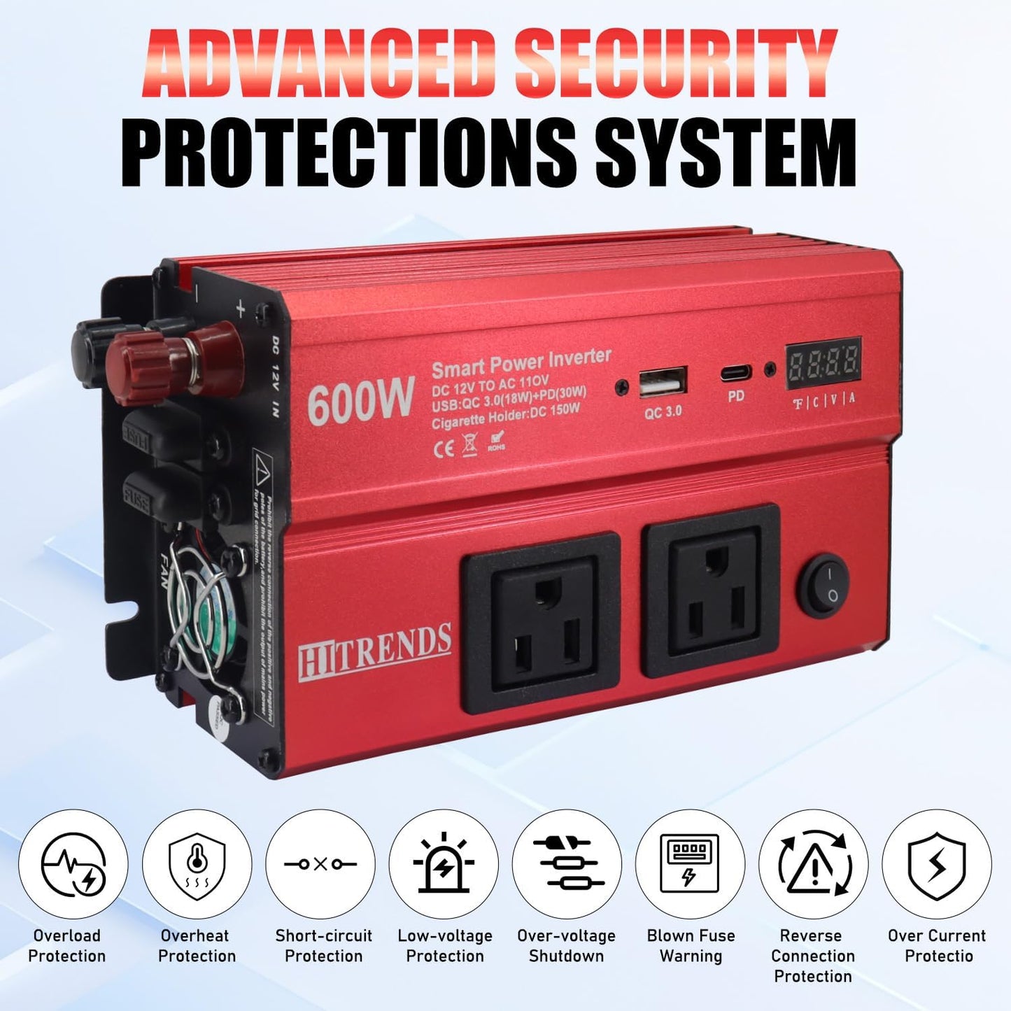 HITRENDS 600W Car Inverter, 12V DC to 110V AC, with 2 AC outlets, USB QC (18W) and Type-C (30W), Perfect for Camping, RVs, laptops, CE, FCC, ROHS Certified