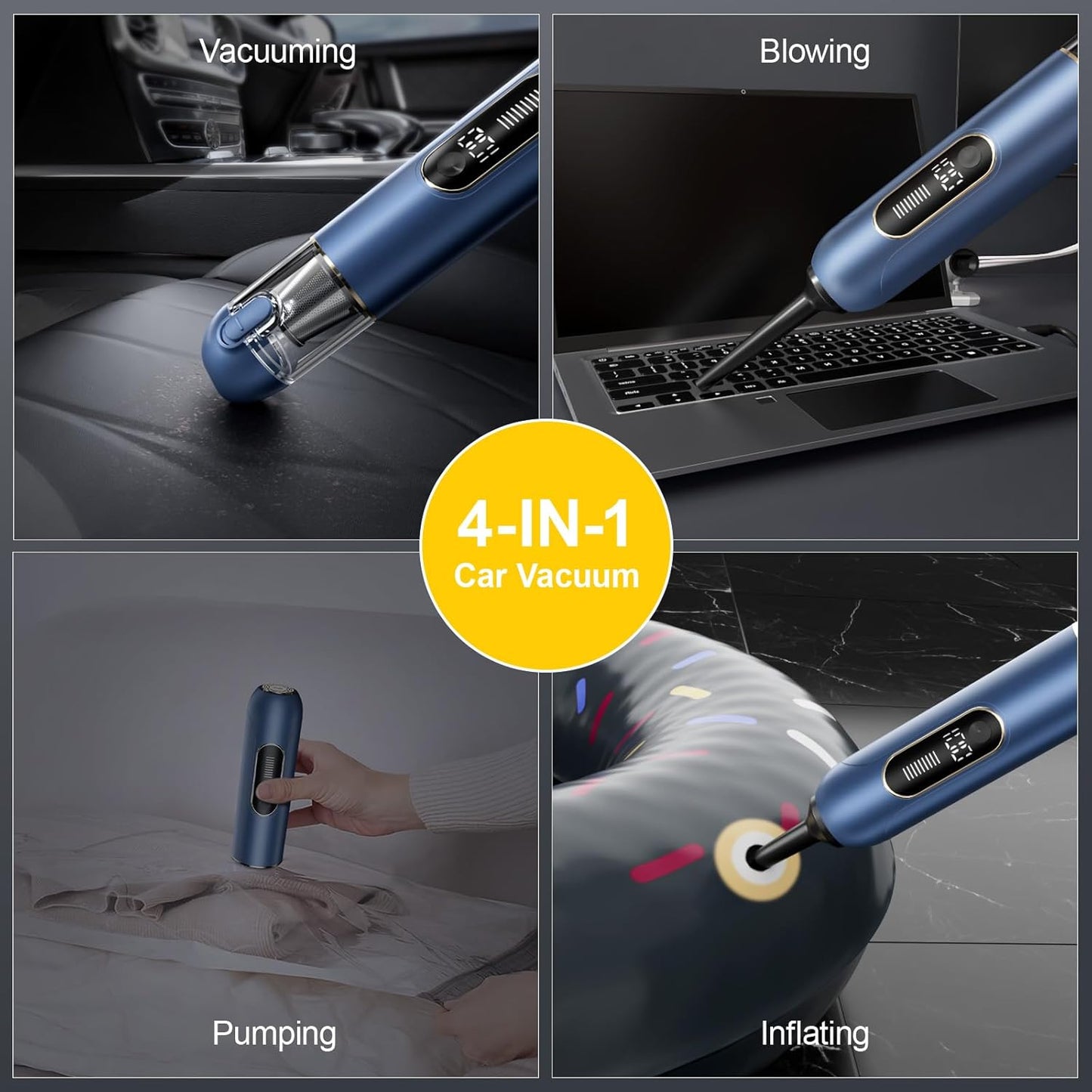 Car Cordless Handheld Vacuum, 13000PA Suction, 4-in-1 Blow & Suction, Rechargeable, for Car, Home, Pet, Office