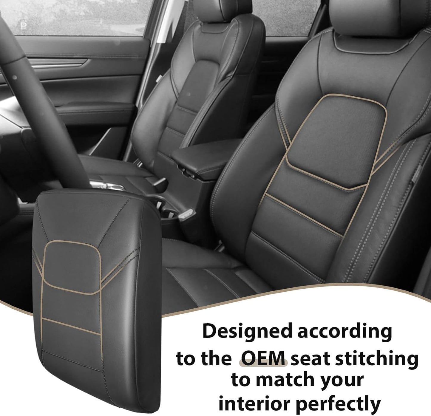 Muslogy Armrest Pad Center Console Cover Compatible with Mazda CX-5 2025 2024 2023-2017 CX5 Accessories Middle Console Cover Cushion Vegan Leather Armrest Lid Protector (Black/Black Stitching)