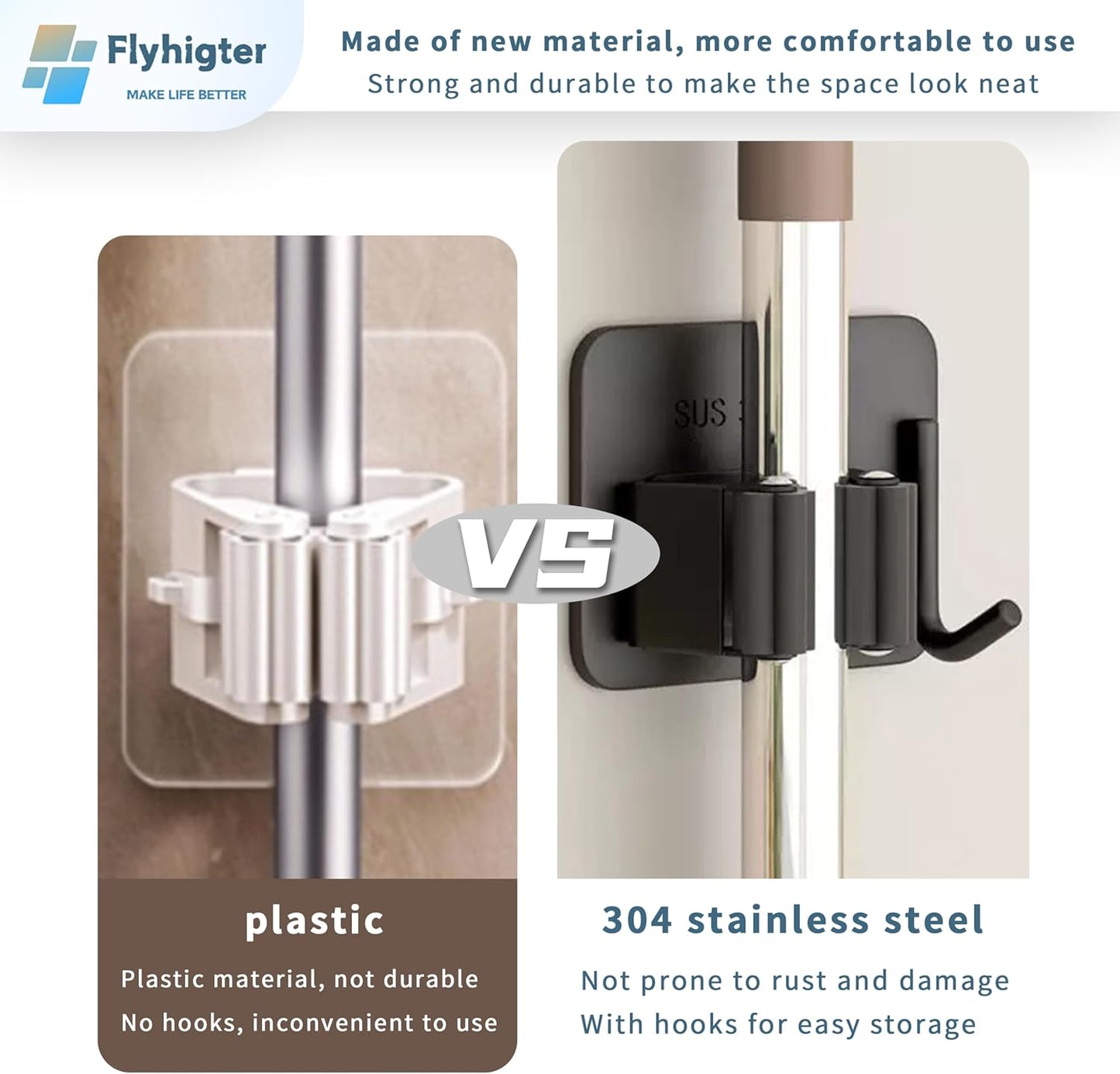 8 Pack Stainless Steel Mop Clips – Heavy Duty Wall Mounted Broom Holders, Rustproof & Tool-Free Install with Back Adhesive or Glue for Home and Garage