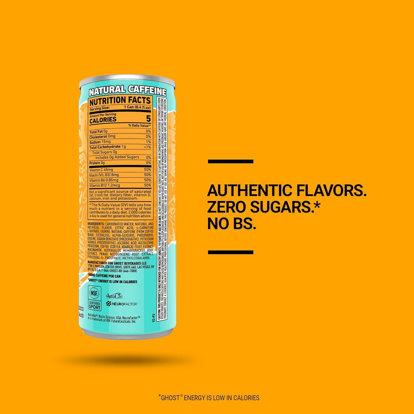 GHOST Energy Drink - 24-Pack, Tropical Mango, 8.4oz - Energy & Focus & No Artificial Colors - 100mg of Natural Caffeine, L-Carnitine & Taurine - Gluten-Free & Vegan