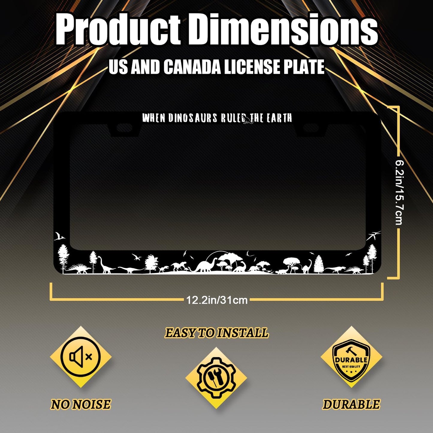 When Dinosaurs Ruled The Earth License Plate Frame Funny License Plate Stainless Steel Black Accessories Cars Decor 12.2 X 6.2 Inch with 2 Holes and Screws Fits Standard Us Ca Vehicles