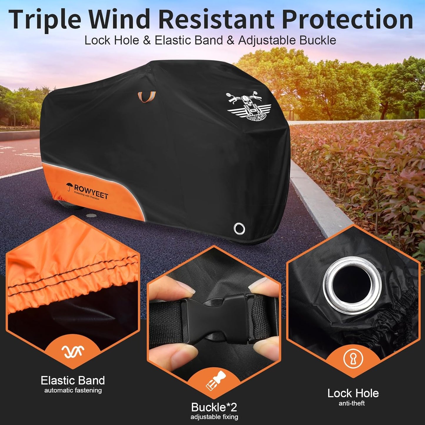 Motorcycle Cover Waterproof Outdoor Storage with Lock-Holes, Zipper Storage Bag & Night Reflective Design, All Season Protection Powersports Vehicle Covers Fits up to 96.5" Motorcycles