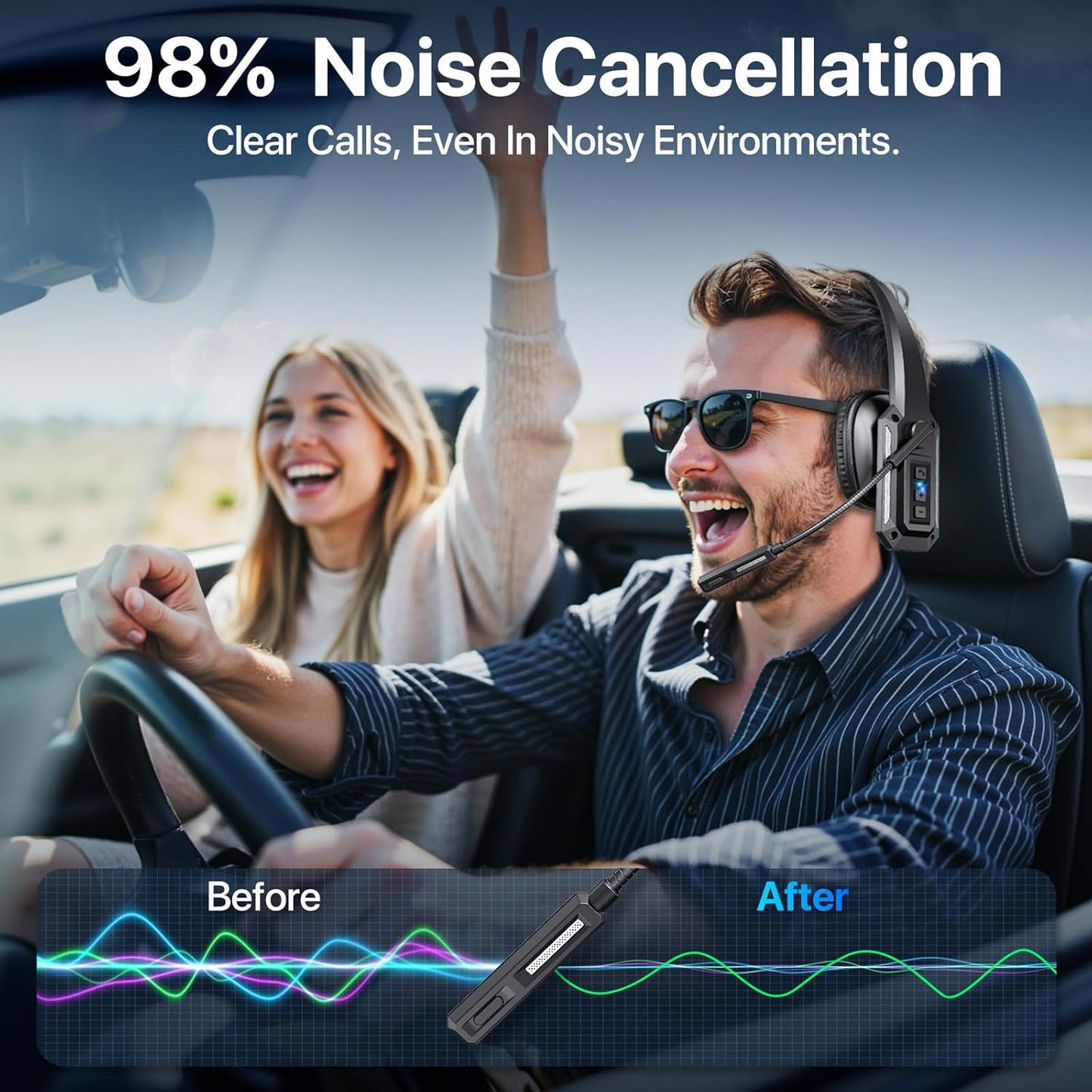 Bluetooth Headset, Trucker Bluetooth Headset with Noise Cancelling Microphone & Mute Button, 60Hrs Working Time, Wireless On-Ear Headphones with Mic for Work/Cellphone/Laptop/Office - Black