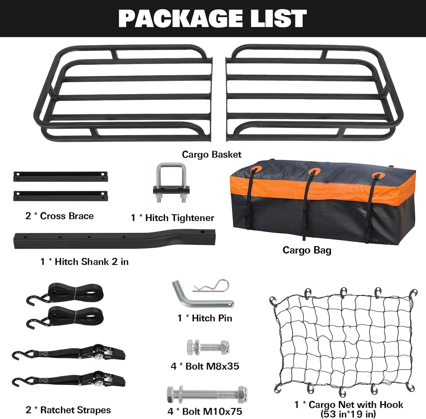 WEIZE Folding Hitch Mount Cargo Carrier Basket 53" X 19" + Waterproof Cargo Bag, Hauling Weight Capacity of 500 Lbs fit on 2 Inch Receiver, with Hitch Stabilizer, Net and Straps