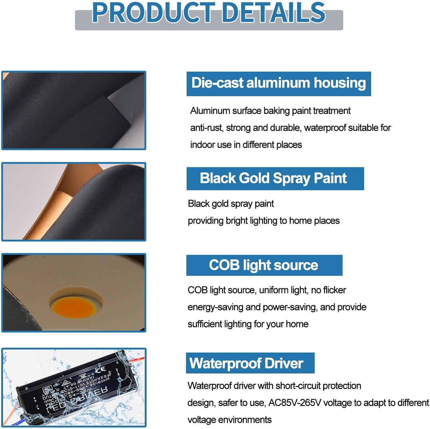 2-Pack Outdoor Wall Light LED 20W (H) 11.8in Aluminum - Black Gold Waterproof Exterior Lighting Fixture,3000K Warm,Up Down Porch Sconces Brightens to Patio,Garage,Front Door