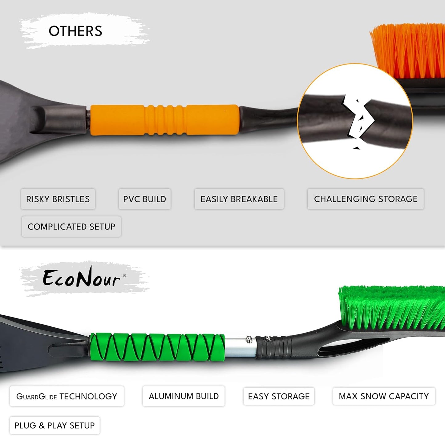 EcoNour 27" Aluminum Car Snow Scraper and Brush (Orange, Red, Green & Blue) | Weaved Bristle Head with Metal Body Ice Scraper for Car Windshield | Ice Scraper with Foam Grip Winter Accessory | 4 Pack