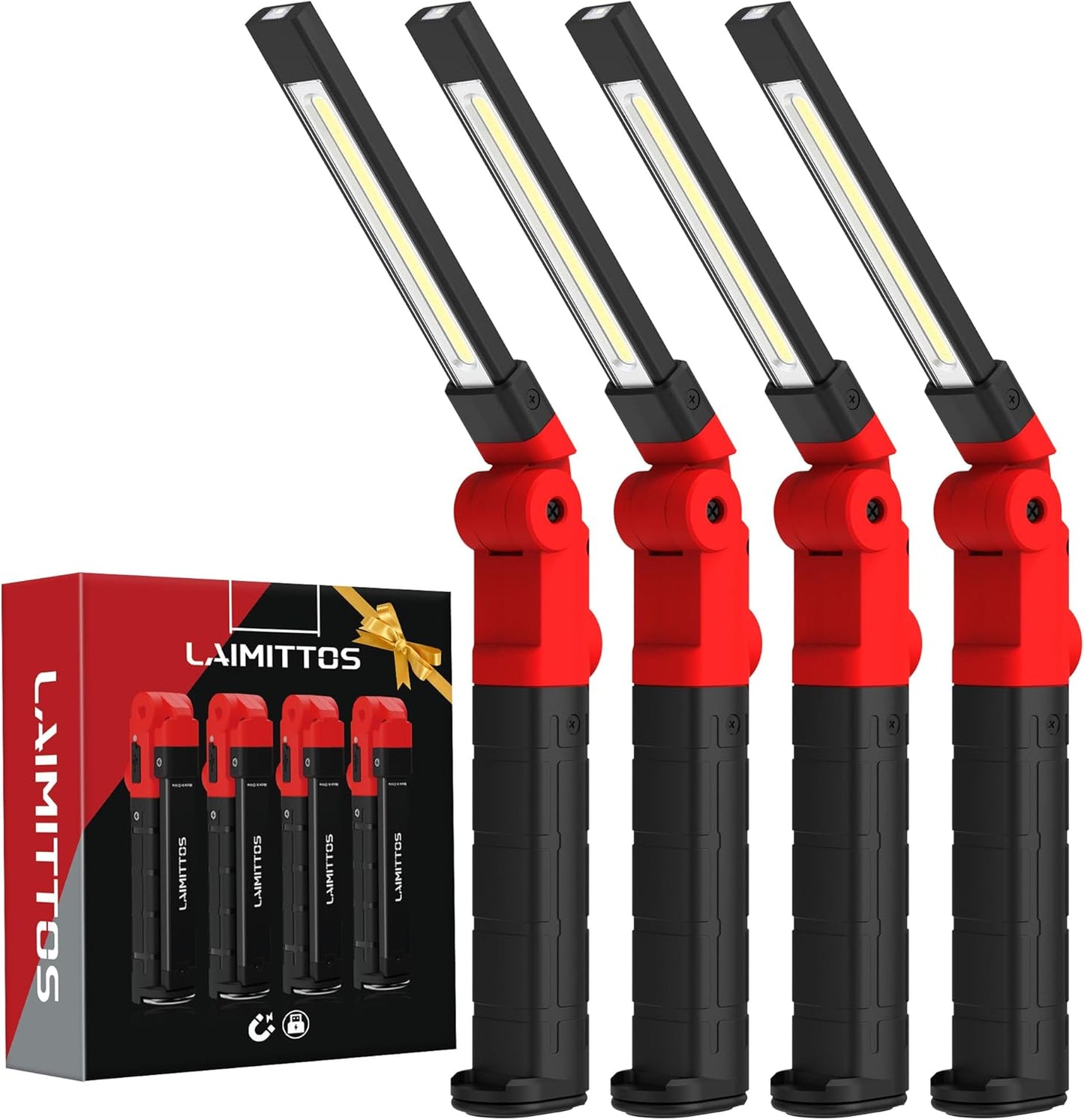 Rechargeable Work Light 2200mAh Magnetic LED Work Light Flashlight Mechanic Light Tool Gifts for Men Him, Foldable Lamp with Hook for Car Repair Emergency BBQ Grill (4 Pack)