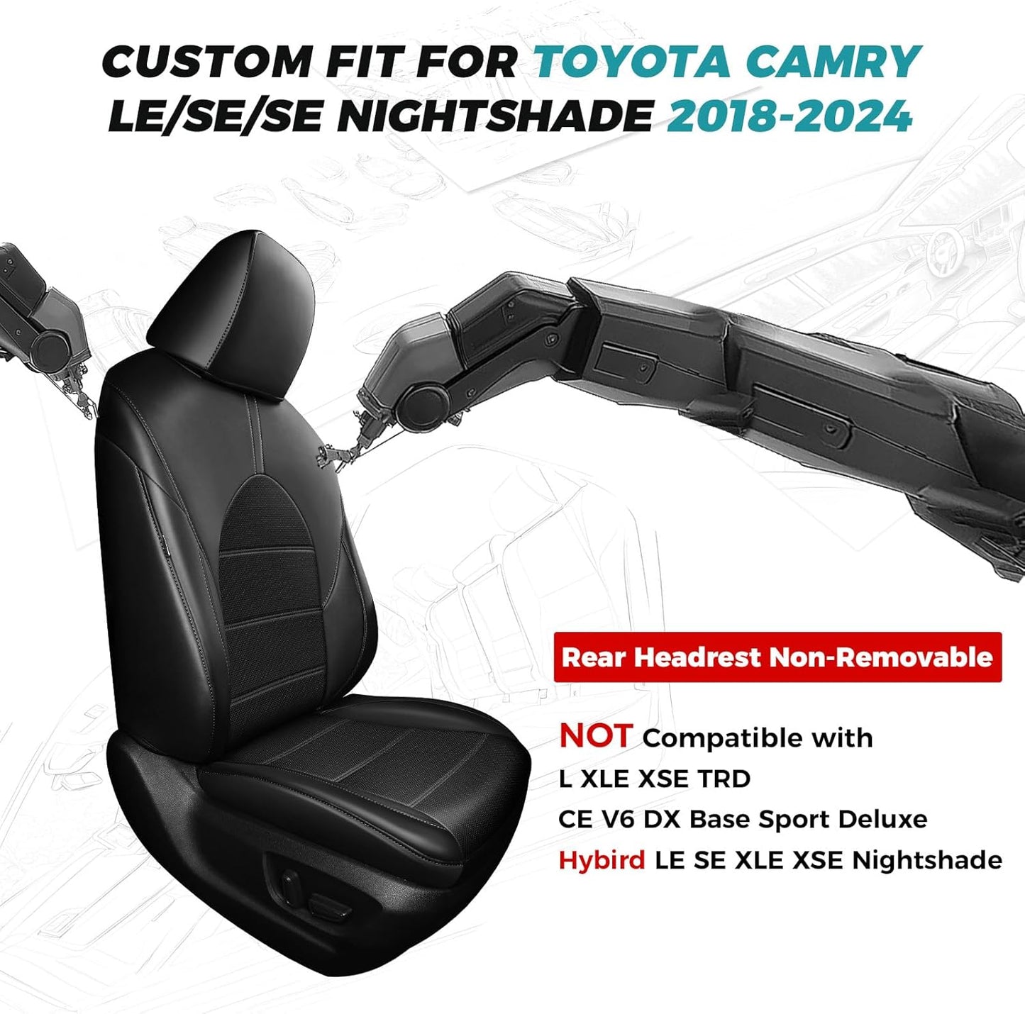 for Toyota Camry Seat Covers LE SE SE Nightshade 2018 2019 2020 2021 2022 2023 2024 - Waterproof Luxury Leather Seat Covers for Cars, Custom Fit Car Seat Covers Full Set, Black Not for Hybrid